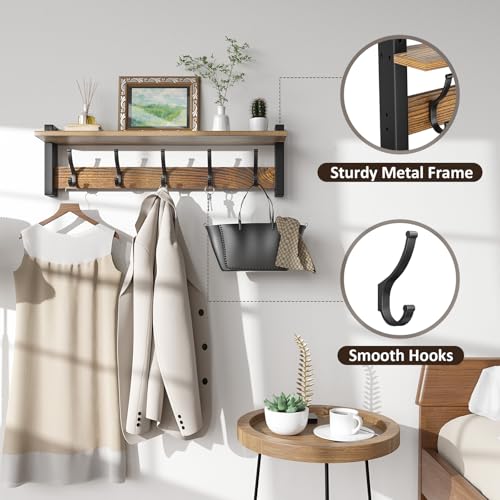 Optish Coat Rack Wall Mount with Shelf, 24 Inch Coat Hanger Walls Mounted, Hat Rack for Walls, Shelf with 5 Coat Hooks, Wall Hanger for Entryway (Brown) by Optish - Used condition - Image 3