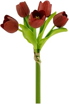 Angel Isabella Realistic Tulip Raffia Tied Flowers, Real Touch Artificial Flowers for Decoration, Beautiful Artificial Flowers - 5 Stems, Apple Red