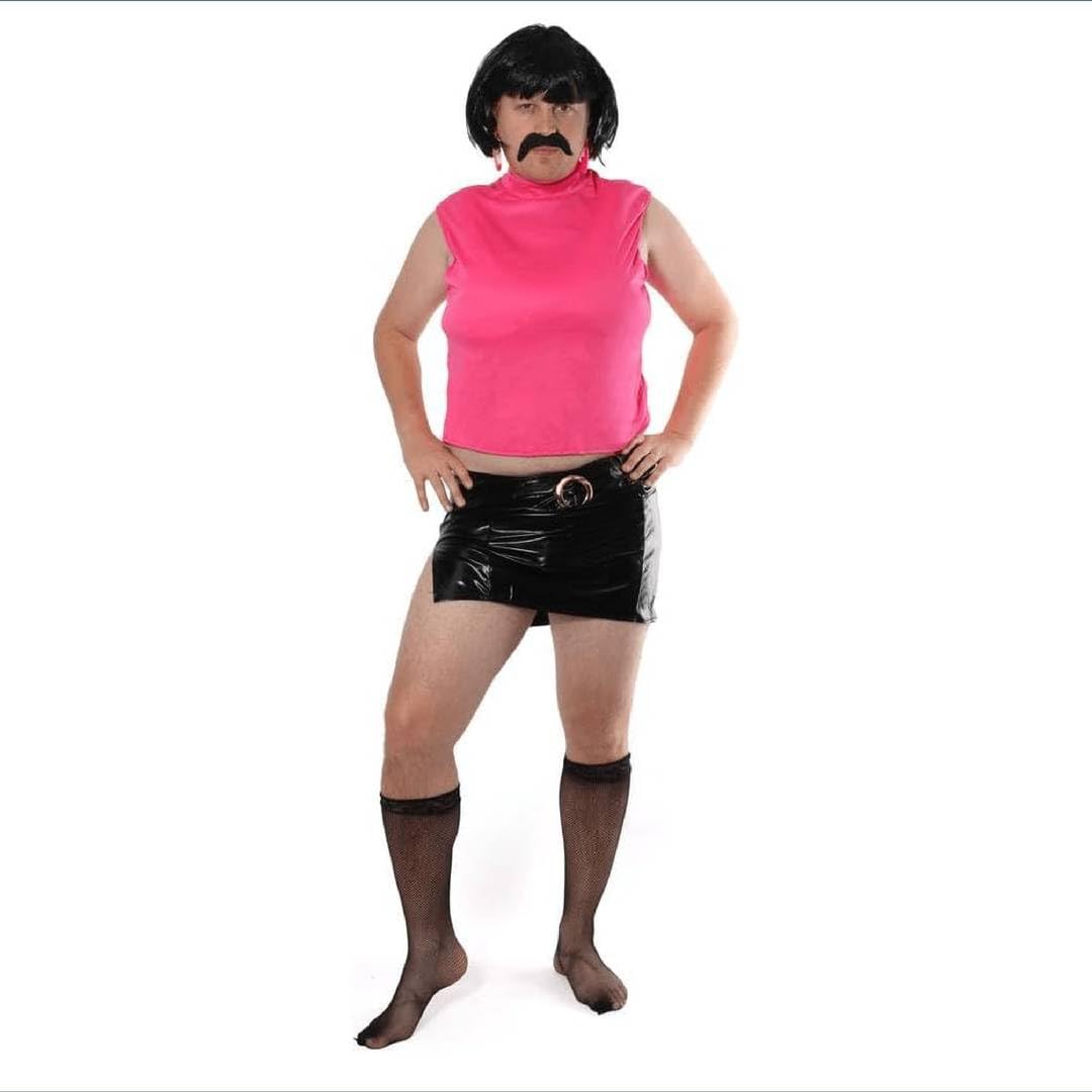 Adults Rock Queen Housewife Costume - X-Large - Pink Sleeveless Top, Black Skirt, Stockings, Clip-on Earrings, Black Bob Wig - Mens Funny 80s Music Icon Stag Do Fancy Dress Costume