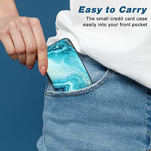 Image of Credit Card Holder, Mini Aluminum Card Wallet RFID Blocking Slim Metal Hard Card Case for Women Men, Blue Ocean Marble