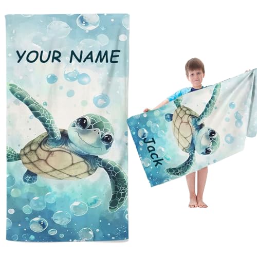 Goplnma Serviette de plage personnalisée - Motif tortue - Serviette de bain - En microfibre - Avec nom - Grande serviette de plage - 100 x 200 cm - Tortue -...