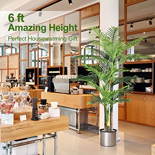 Image of 6ft Tall Triple Golden Cane Palm Artificial Tree Large Tropical Palm Tree UV Resistant Fake Plant in Pot for Indoor Outdoor Big House Living Room Outside Patio Office Home Decor (Set of 2)