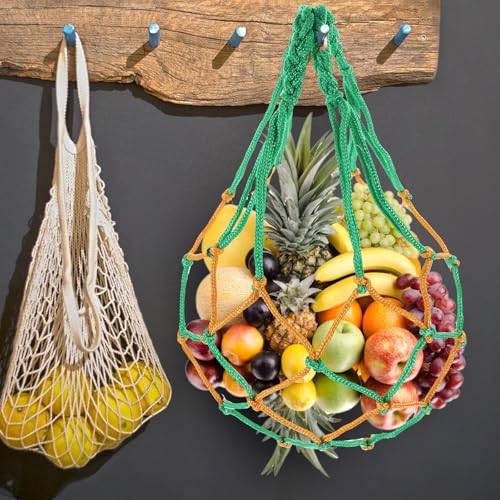 Cesta colgante para verduras y frutas en cocina rústica bolsas organizadoras transpirables 7