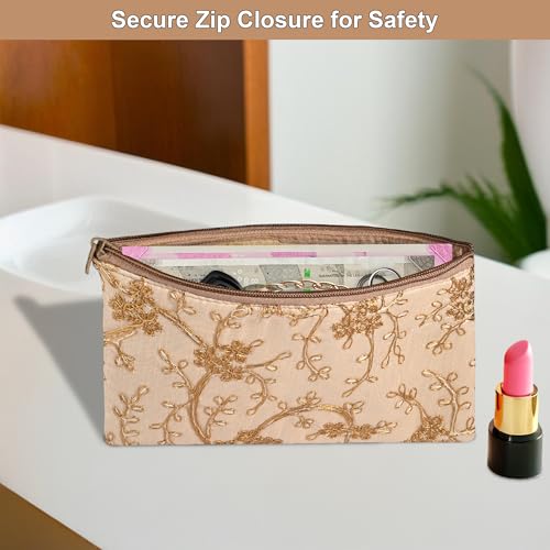 Image of Kuber Industries 2 Pcs Polyester Hand Purse for Woman with Zip | Lightweight & Compact Ladies Purse /Wallet for Travelling, Party, Wedding & Events | Embroidery Design - Cream