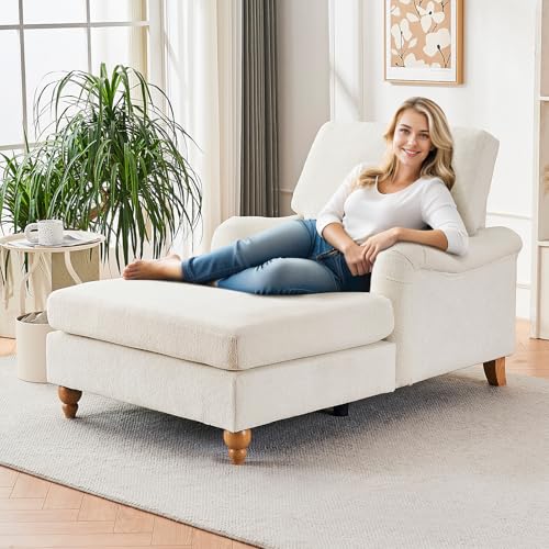 JEEOHEY Chaise Lounge Chair with Adjustable Backrest, Modern Upholstered Chenille Leisure Sofa Recliner, Sleeper Chair Bed with Rolled Arm for Indoor, Bedroom, Living Room, Study Room, Office, Beige