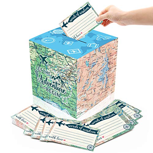 51PCS Adventure Card Box Holder and Advice Cards for Adventure Awaits Bon Voyage Farewell Travel Themed Birthday Baby Shower Graduation Retirement Job Career Change Party Decorations Supplies