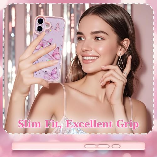Image of VONZEE Glitter Butterfly Transparent Case Compatible with iPhone 17, Sparkly Bling Clear Back Cover, Soft TPU Shockproof Protection, Slim Stylish Protective Phone Case for Women & Girls (Pink)