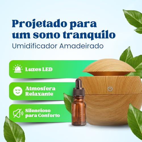 Umidificador Amadeirado + Refil Filtro C/Abajur Led 200ml em Plástico Luz Noturna Difusor de Aromas