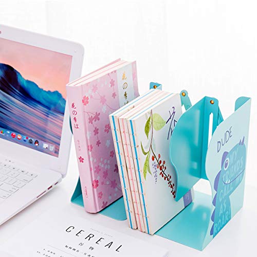 Citmage Adjustable Bookend Metal Dinosaur Pattern Bookends Non-Skid Heavy Duty Book Holder Stand Hold Books,Magazines,Cookbooks(5.7''x3.9''x7.4'')(Blue)