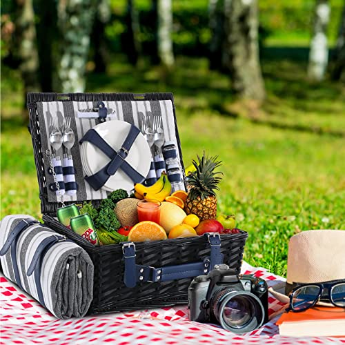 HYBDAMAI Wicker Picnic Basket for 4 with Waterproof Picnic Blanket and Insulated Cooler, Willow Hamper for Camping, Outdoors, Photoshoot, or a Birthday, Mother\'s Day, Wedding Gift, Black - Thumbnail 6