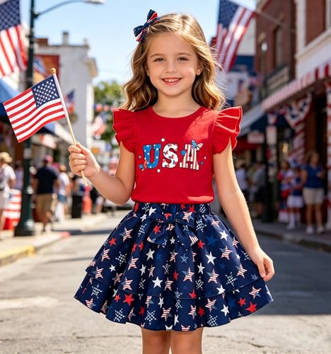 Image of Girls Skirt Set 2 Piece Outfit Toddler Summer Clothes Ruffle Sleeve T-Shirt Bow Knot Tutu Skirt Outfit Set