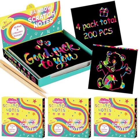 POIKSHARK 200 PCS Rainbow Scratch Art Paper for Kids Ages 3-12, Arts and Crafts Gifts for Teen Girls, Christmas Stocking Stuffer - Birthday Halloween Party Favor Supplies for Boys and Girls, 4 Pack Cover