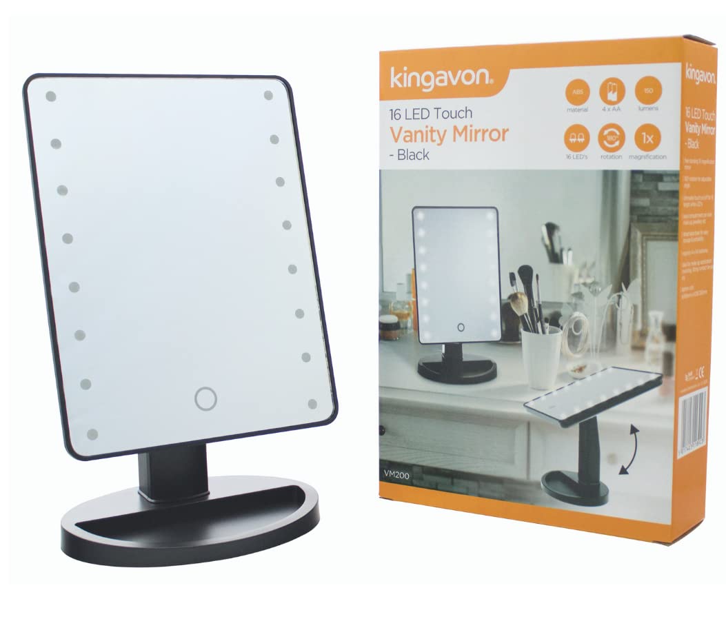 Kingavon VM200 Make Up Mirror with Lights - Black 16 LED Vanity Mirror with Stand