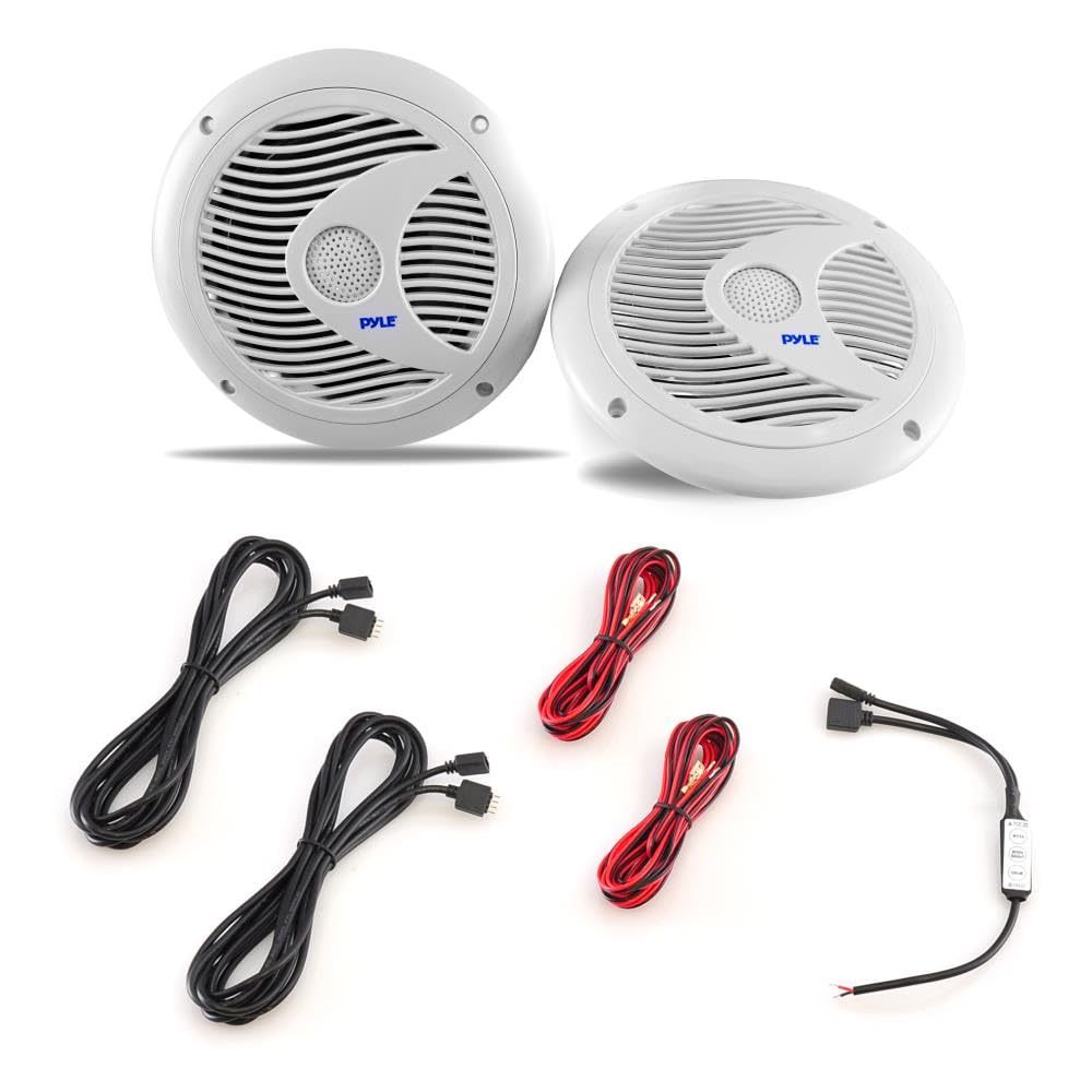 Pyle 6,5-Calowe Podwójne Głośniki Marine – Wodoodporne IP44 i Odporne na Warunki Atmosferyczne, Zewnętrzny System Audio Stereo z Wbudowanym Oświetleniem LED, Moc 150 W (Białe)