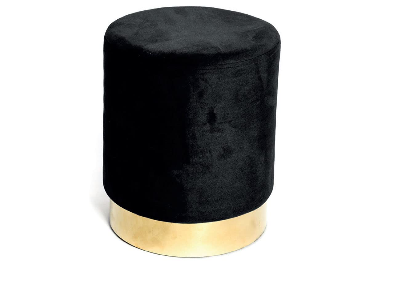 Pouf Cilindro In Velluto Nero Con Base Oro - 32x40 Cm, Pouf Poggiapiedi Moderno - Foto 12