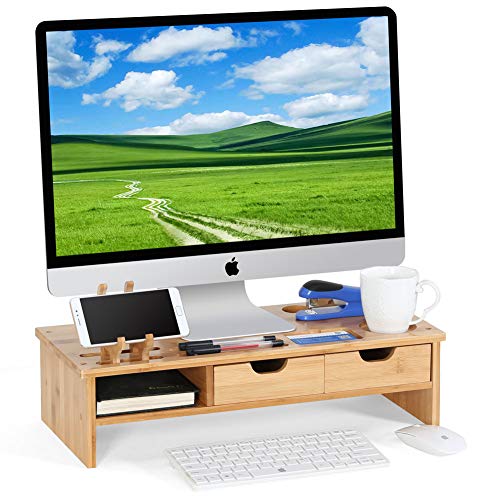Tribesigns Monitor Stand Riser with Storage Organizer Drawers Bamboo, Natural Brown