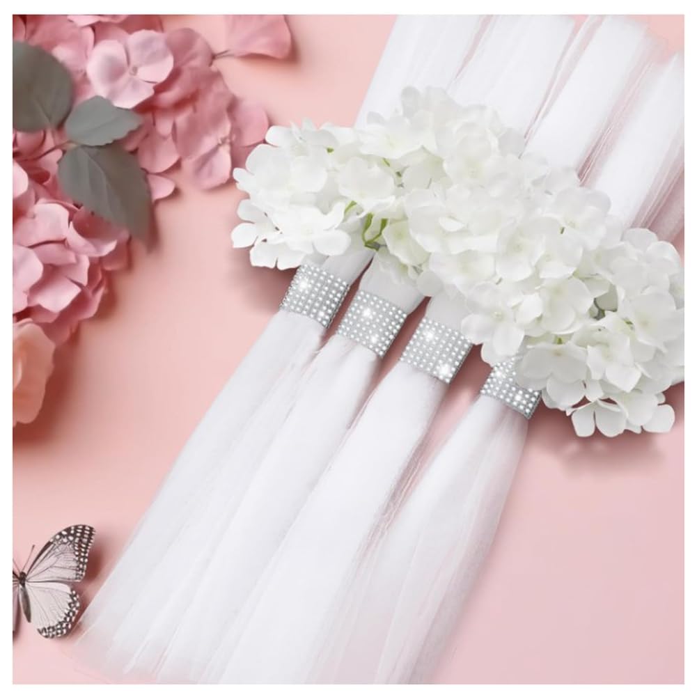 Hochzeit Gang Dekorationen für Zeremonie Hochzeitsstuhl Kirchendekorationen Langen Tüllschwänzen mit Strass-Wickel und Blumen für Hochzeiten Bank Brautparty Kirchenbänke Weiße Hortensie 24 Set