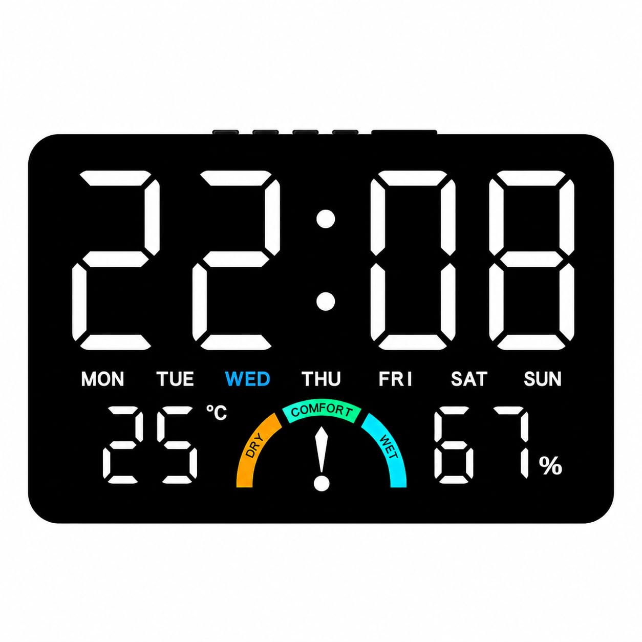 AERYS Digital LED Alarm Clock with 1 Year Warranty Temperature&Humidity Monitor,Comfort Indicator (Dry/Comfort/Wet) Dual Alarm, Day&Time Display,Large LED Screen,Snooze,Desk Clock for Bedroom&Office