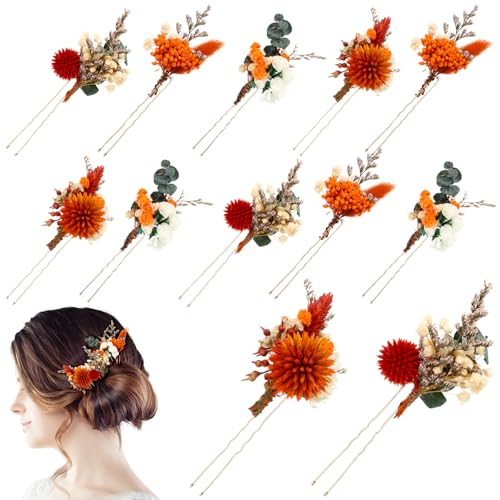 Daifunli 12 Pcs Burnt Orange Dried Flower Hair Pins for Wedding Bridal Shower Baby Breath Eucalyptus Leaves Boho Fall Hair Accessories Bulk for Brides Bridesmaid Women Girls
