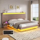 LUXOAK Farmhouse Queen Floating Bed Frame with LED Light & Charging Station, Wooden Platform Bed with Extended Headboard & Nightstands, No Box Spring Needed/Noise Free, Taupe