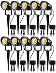 SUNVIE 12W Low Voltage LED Landscape Lights with Connectors, Outdoor 12V Super Warm White (900LM) Waterproof Garden Pathway Lights Wall Tree Flag Spotlights with Spike Stand (10 Pack with Connector)