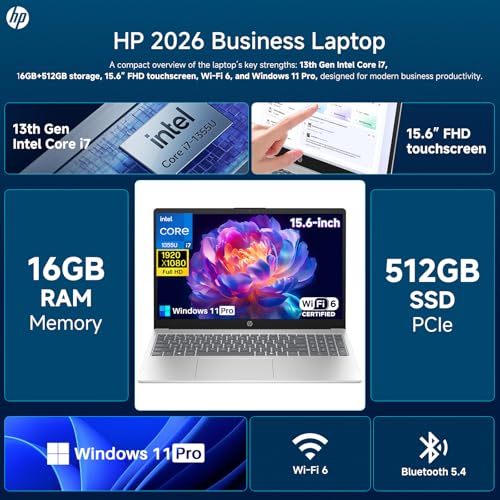 Image of HP 15.6 inch 2026 Touchscreen Laptop, Intel 13th Gen 10-Core i7-1355U(Up to 5.0GHz), 16 GB DDR4 RAM, 512 GB SSD, Intel Iris Xe Graphics, Copilot AI, Wi-Fi 6, Windows 11 Pro, for Business & Student