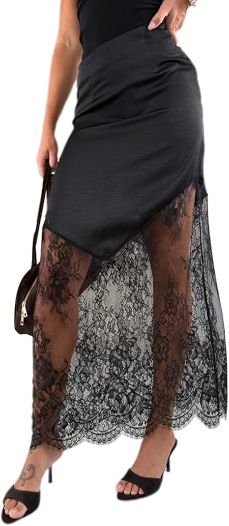 Women Lace Patchwork Skirts High Waist A Line Y2K Elegant Maxi Skirts Lace Trim Skirt Long Party Boho