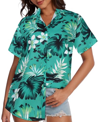 Image of Women Hawaiian Shirt Button Down Summer Tops Beach Short Sleeve Blouse