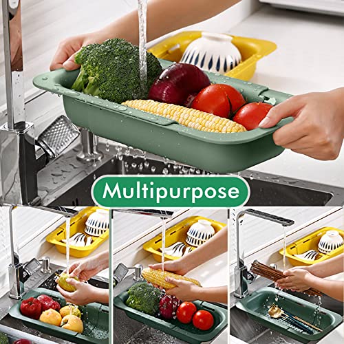 Image of Collapsible Sink Colanders and Strainers Basket Extendable Plastic Fruit Vegetable Strainer Drainer Basket for Kitchen (Length 13.6 inch-18.7 inch) (Apple Green) 6 * 10