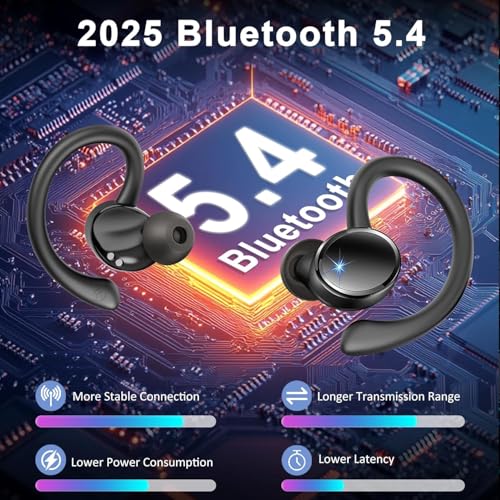 Image of Wireless Earbuds, Bluetooth 5.4 Headphones Sport, 50H Deep Bass Sound Over Ear Buds with 4 ENC Noise Cancelling Mic, Dual LED Display, IP7 Waterproof Earphones with Earhook for Workout /Running /Gym