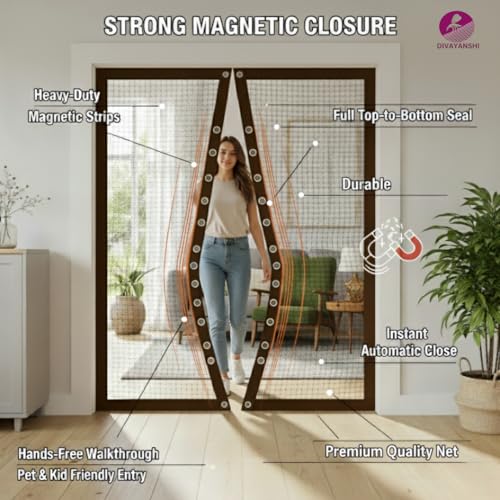 Image of Divayanshi Pro Mosquito Net for Door 100x210 cm | Magnetic Fly Mesh Curtain | Fiberglass Polyester Insect Screen | Auto Closing Hands-Free Mosquito Net with Self Adhesive Hook Tape - Black