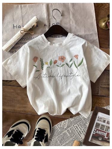 Girl's 4 Packs Graphic Tees Short Sleeve Floral Heart T Shirt Crew Neck Cute Tops3