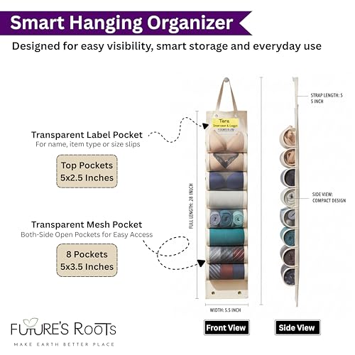 Image of FUTURE'S ROOTS Cotton Hanging Organizer for Wardrobe with 8 Transparent Mesh Pockets(Set of 3) | Wall Mounted & Travel Storage for Socks, Bra, Innerwear & Accessories | Foldable Space-Saving Design