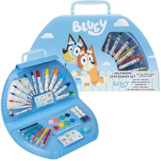 Bluey Art Set for Kids Colouring Pencils Paints Felt Tip Pens Crayons Stationery Crafts Girls Boys Art Supplies Preschool Travel 40 Plus Pcs Gift Set (Blue Halfmoon Case)