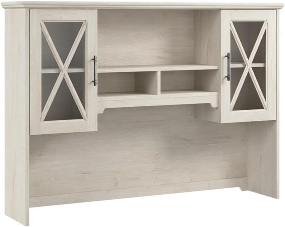 MAKLAINE Engineered Wood Hutch, Linen White Oak Finish, 60W with Tempered Glass Doors and Adjustable Shelves, Farmhouse Style Home Office or Dining Room Storage