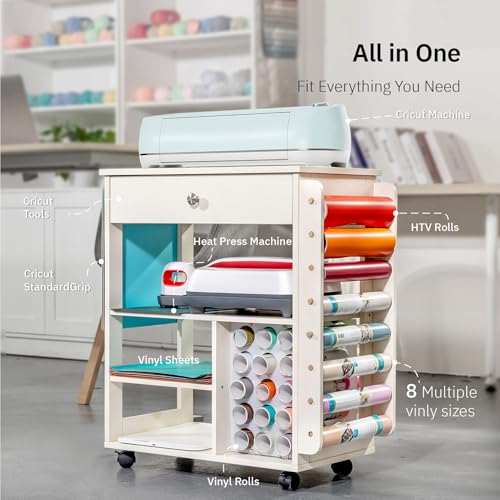 Craft Organizers and Storage Compatible with Cricut Machines, Rolling Storage Cart with Vinyl Roll Holders Crafting Table for Adults