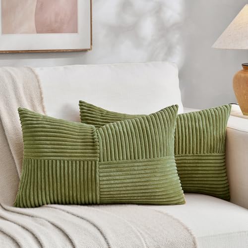 Image of Fancy Homi 2 Packs Moss Green Long Lumbar Decorative Throw Pillow Covers 12x24 Inch for Couch Bed Sofa, Rustic Farmhouse Boho Home Decor, Soft Striped Corduroy Rectangle Accent Cushion Case 30x60 cm
