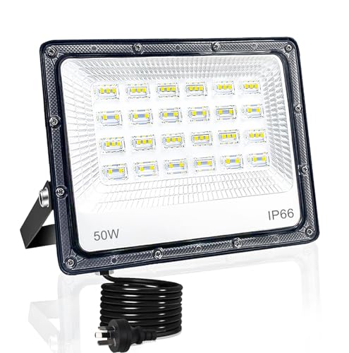 50W LED Flood Lights Outdoor, 5000LM Super Bright Outside Floodlights, IP66 Waterproof 6500K Daylight White Security Lights, Plug in Flood Light for Yard Garage Garden Patio