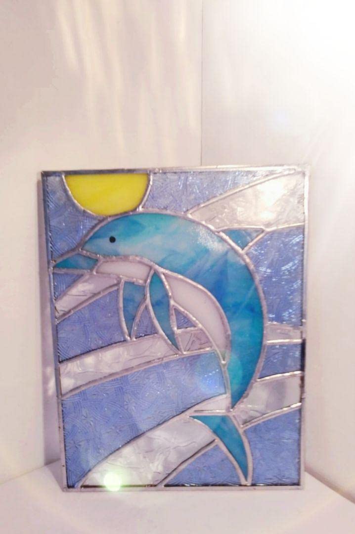 ステンドグラス　月とイルカのパネル ステンドグラス製 月とイルカのパネル サンキャッチャー ようこ