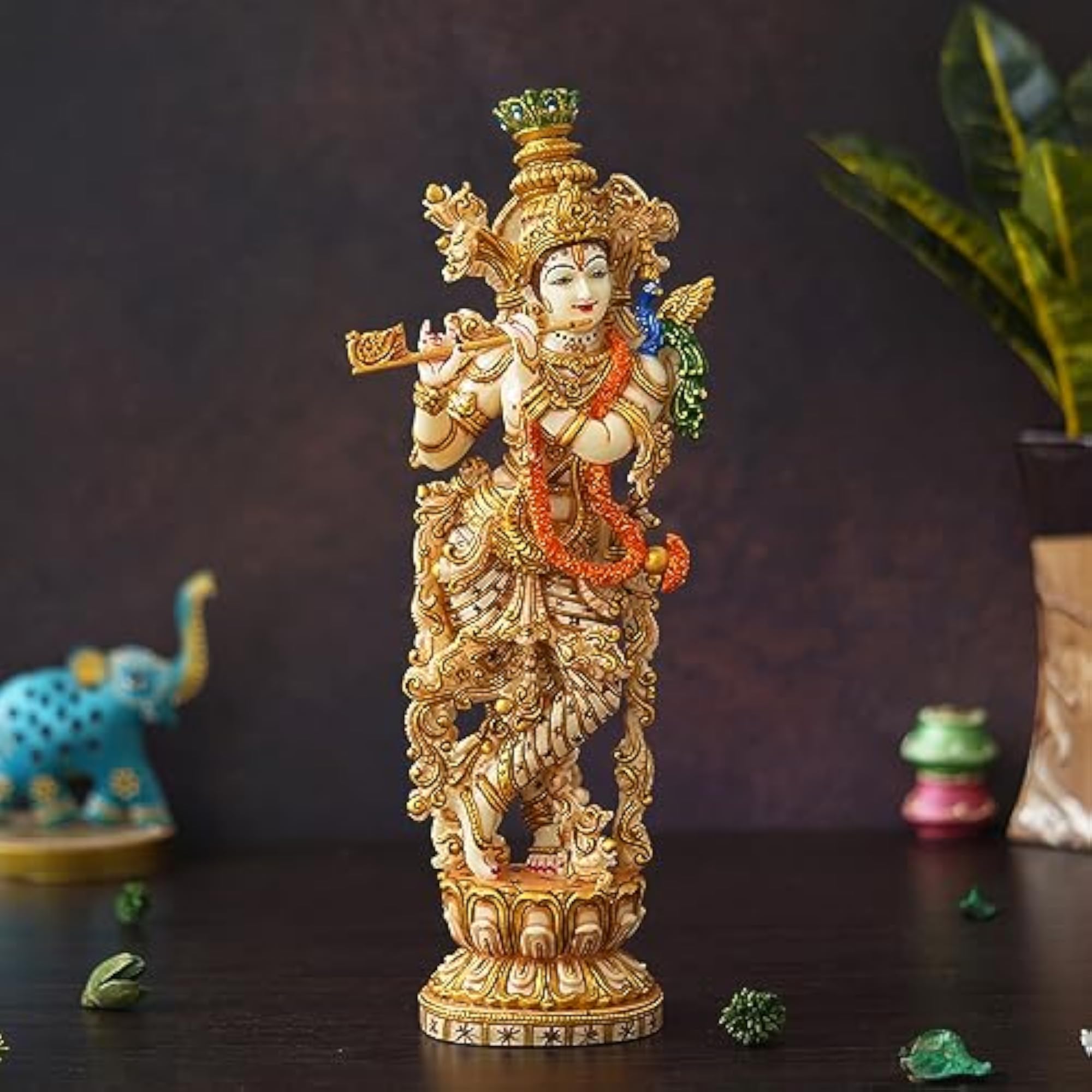 Marble Lord Shri Krishna Playing Flute Idol, 14" Big