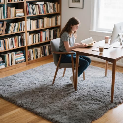 5x7 Light Grey Fluffy Area Rugs for Bedroom, Soft Indoor Plush Rug for Living Room, Large Furry Fuzzy Shag Floor Carpet for Kids Nursery Boys Room Dorm Classroom Home Office Decor Mat
