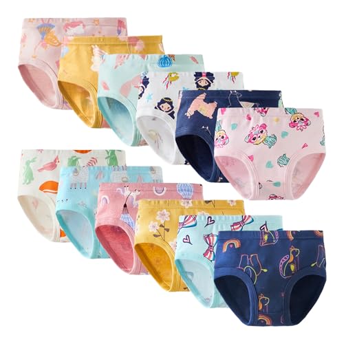 Girls Cotton Underwear Briefs, Multicolor Pattern Pack with Cute Prints, Soft Comfort Panties, 12Pack