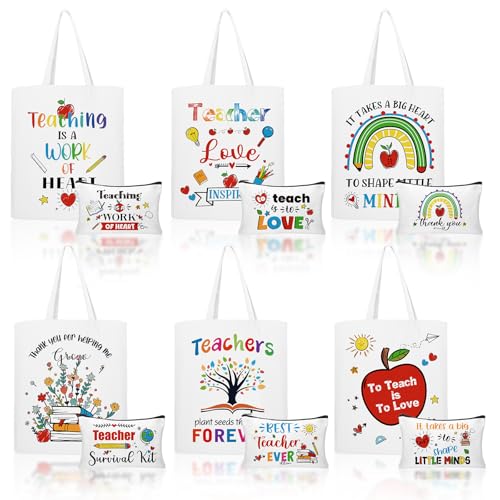IANFEPH 12 Pcs Teacher Appreciation Gifts Canvas Tote Bag for Women Men Thank You Teacher Makeup Bags with Zipper Reusable Grocery Bag for Employee Retirement Graduation Birthday Gift (White)