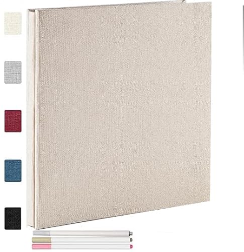 Photo Album Self Adhesive with Picture Display Window,40 Pages DIY Scrapbook Album for 3x5 4x6 5x7 6x8 8x10Picture,Linen Cover Memory Book for Baby Wedding, with 3Pcs Metallic Pen (off white)