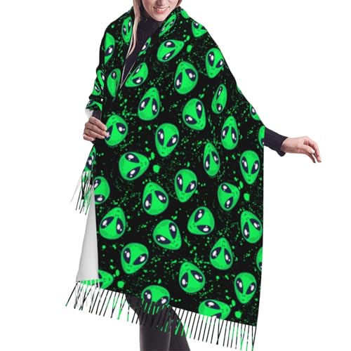 VOSERY Womens Scarf Pashmina Shawls Wraps - cute green alien Print Fashion Scarves Fall Winter Large Blanket Scarf