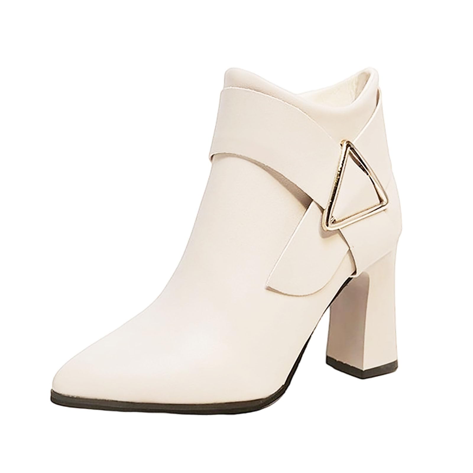 Women Patent Leather Ankle Boot Side Zip Pointed Toe Boots Chunky Heel Plain Elegant Booties Metal Embellished Shoe