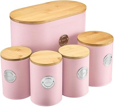 Cooks Professional 5 Piece Ribbed Tea Coffee Sugar Bread & Biscuit Cannisters with Air-Tight Bamboo Lids | Stainless Steel Kitchen Storage Bin Set | Modern & Stylish | Pink & Silver