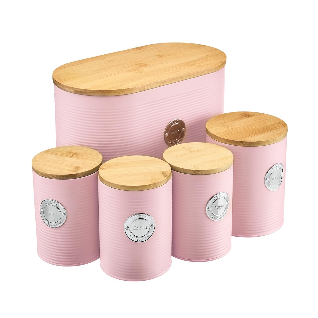 Cooks Professional 5-Piece Kitchen Storage Set - Bread, Biscuit, Tea, Coffee, Sugar - Bamboo Lid - Pink