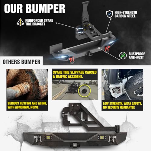 Image of Front & Rear Bumpers with Spare Tire Carrier Compatible with 2018-2026 Jeep Wrangler JL JLU Unlimited w /Paintable Armor, Winch Plate, License Plate Bracket, LED Lights, 2 inchHitch Receiver, D-rings