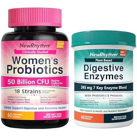 NewRhythm Women's Probiotics 50 Billion + Digestive Enzymes 245 mg Bundle, Gut Harmony Boost & Feminine Wellness, 120 Capsules Total (Pack of 2) Cover